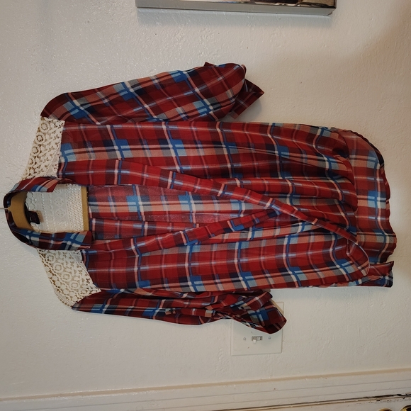 Men's Red Plaid Shirt with Lace Detail - Picture 16 of 16